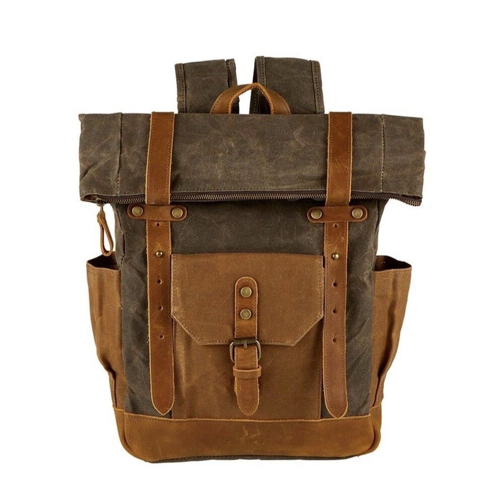 Brown Wax Canvas Backpack 18" Leather Trim Laptop Men Travel Bag Roll Top NEW